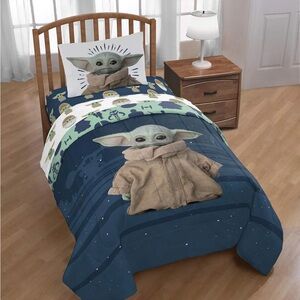 Star Wars The Child Comforter - Navy and Beige Twin Set sheets and comforter